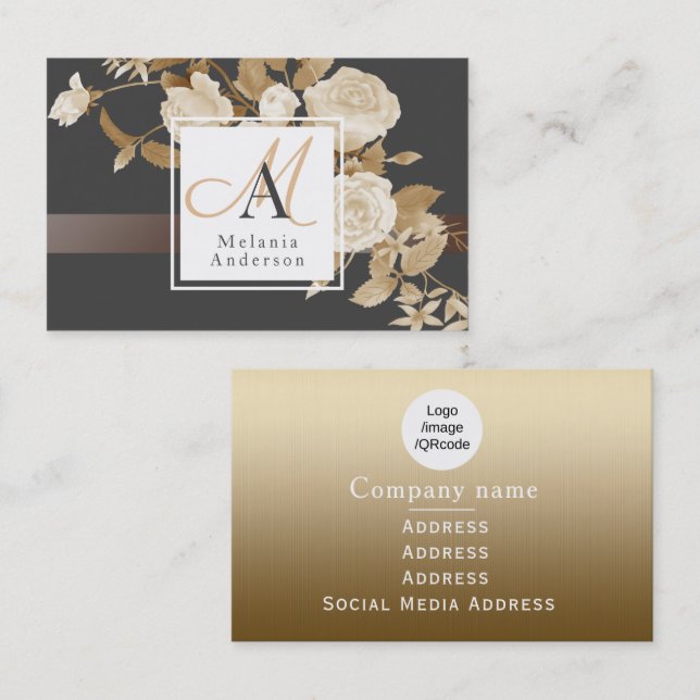 Cartão De Visita Monograma negro Dourado Elegante Rosa (Frente/Verso)