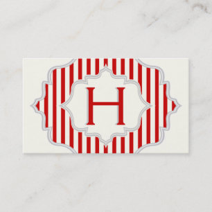 Cartão De Visita Monograma numa moldura com tiras brancas e vermelh