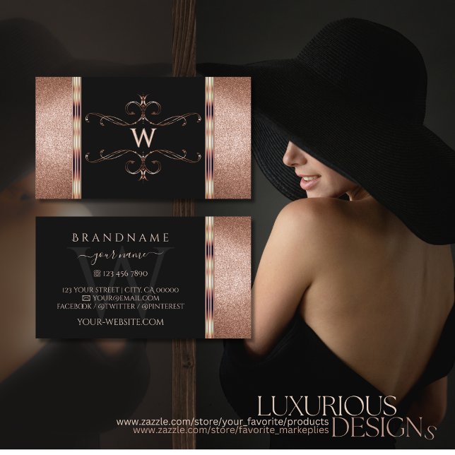 Cartão De Visita Monograma Ornamental Nobre Rosa Dourado Glitter (Criador carregado)