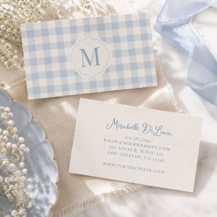 Cartão De Visita Monograma Personalizado Blue Gingham Coquette de F