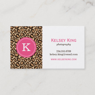 Cartão De Visita Monograma Personalizado de Impressão Rosa e Leopar