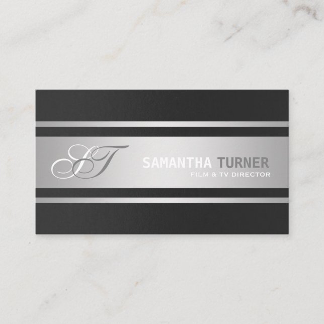 Cartão De Visita Monograma Personalizado de Prata Negra Elegante (Frente)