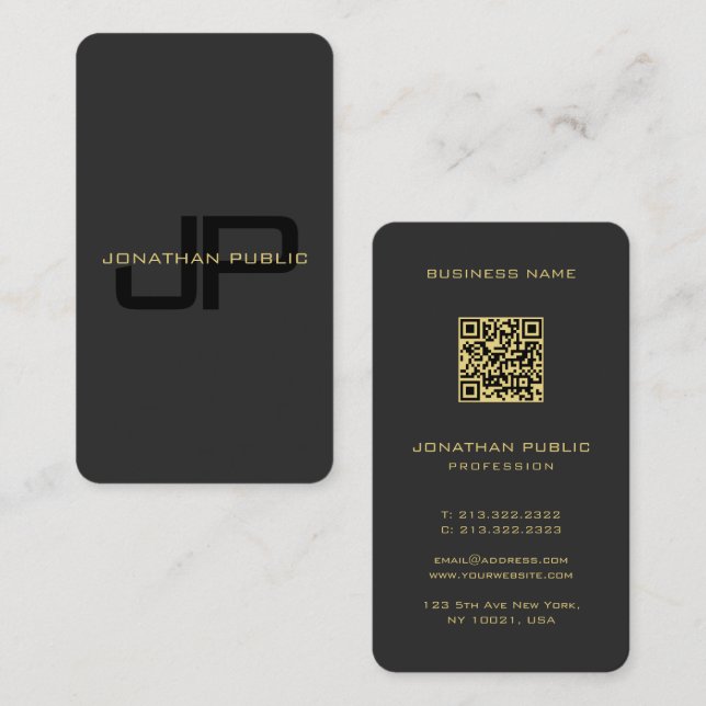 Cartão De Visita Monograma personalizado Modelo de código QR preto  (Frente/Verso)