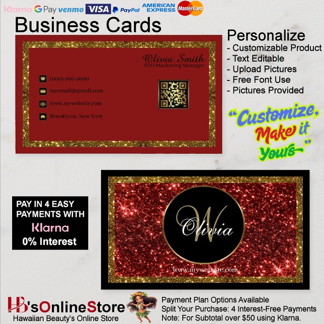 Cartão De Visita Monograma Personalizado Vermelho, Dourado, Largura (Personalized Monogram Red Gold Glitter QR Code Business Card 21.)