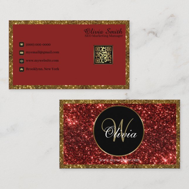 Cartão De Visita Monograma Personalizado Vermelho, Dourado, Largura (Frente/Verso)