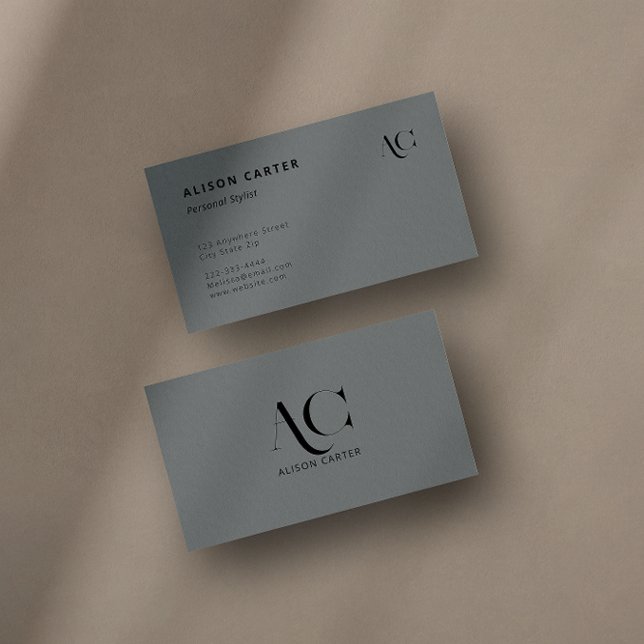Cartão De Visita Monograma preto e Cinza elegante | Mínimo moderno (A black and gray business card with an elegant monogram design.)