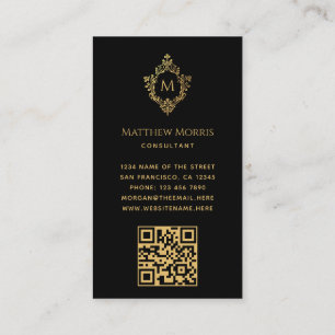 Cartão De Visita Monograma Preto Faux Dourado Crest Elegante QR nas
