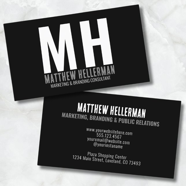 Cartão De Visita Monograma preto mínimo profissional moderno e míni (Simple Modern Professional Minimal Black Monogram Business Card)