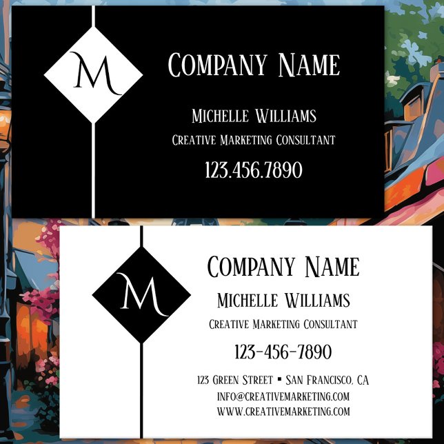 Cartão De Visita Monograma, preto simples e branco (Business card featuring a minimalist black and white design with custom shapes - creative marketing)