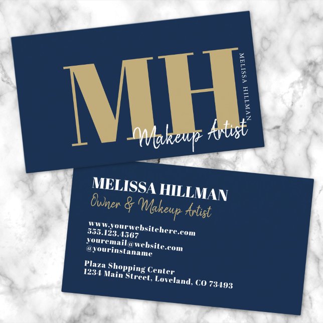 Cartão De Visita Monograma profissional azul-Marinho Elegante simpl (Simple Modern Navy Blue Gold Professional Monogram Business Card)