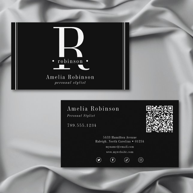 Cartão De Visita Monograma profissional elegante preto e branco (Elegant Professional Monogram Black & White Business Card)