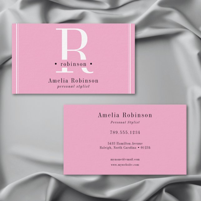 Cartão De Visita Monograma profissional elegante preto e branco cor (Elegant Professional Monogram Pink Black & White Business Card)