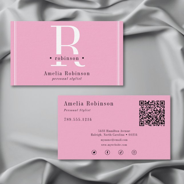 Cartão De Visita Monograma profissional elegante preto e branco cor (Elegant Professional Monogram Pink Black & White Business Card)