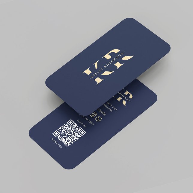 Cartão De Visita Monograma Profissional Moderno - Azul Escuro Elega (Modern Professional Monogram Elegant Dark Blue Gold Initials QR code Letter K R Business Card
)