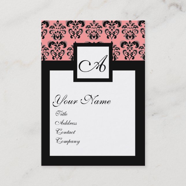 Cartão De Visita MONOGRAMA QUADRADA DE DAMASK CLÁSSICO, cor-de-rosa (Frente)