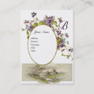 Cartão De Visita MONOGRAMA ROMÂNTICO,VIOLETAS - ouro verde roxo