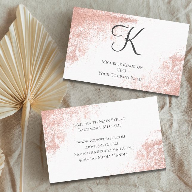 Cartão De Visita Monograma Rosa Dourado Glitter Glam Trendy Mulhere (Monogram Rose Gold Feminine Business Cards, Glam and Trendy.)