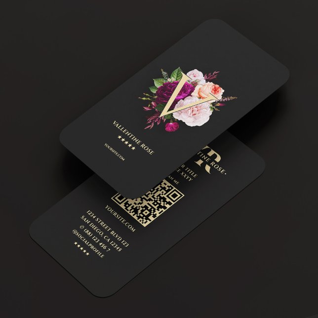 Cartão De Visita Monograma Rosa Floral Elegante inicial preto (Monogram Initial Elegant Floral Rose Black Gold Business Card
)