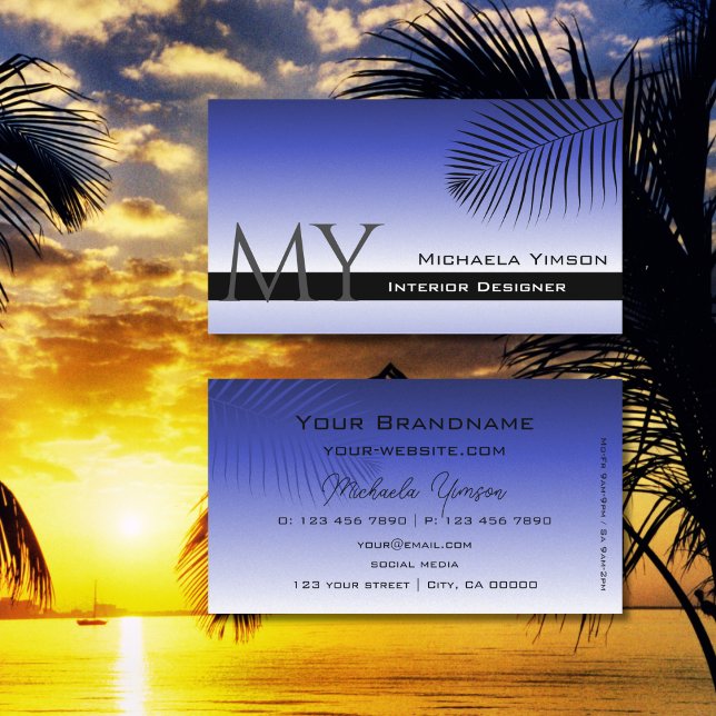 Cartão De Visita Monograma Simples com Folha de Folha Azul Elegante (Criador carregado)