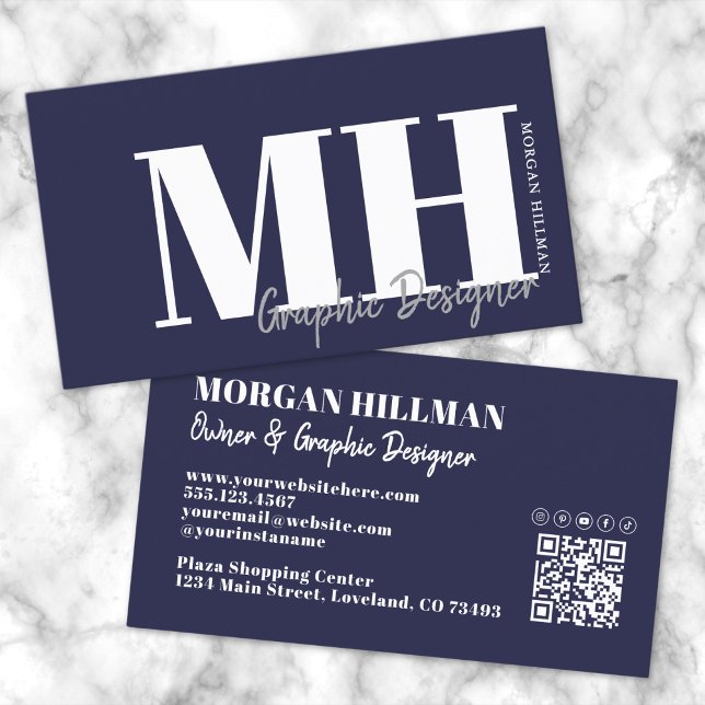 Cartão De Visita Monograma Simples do Código QR Azul do marinho (Navy Blue QR Code Simple Monogram Business Card )