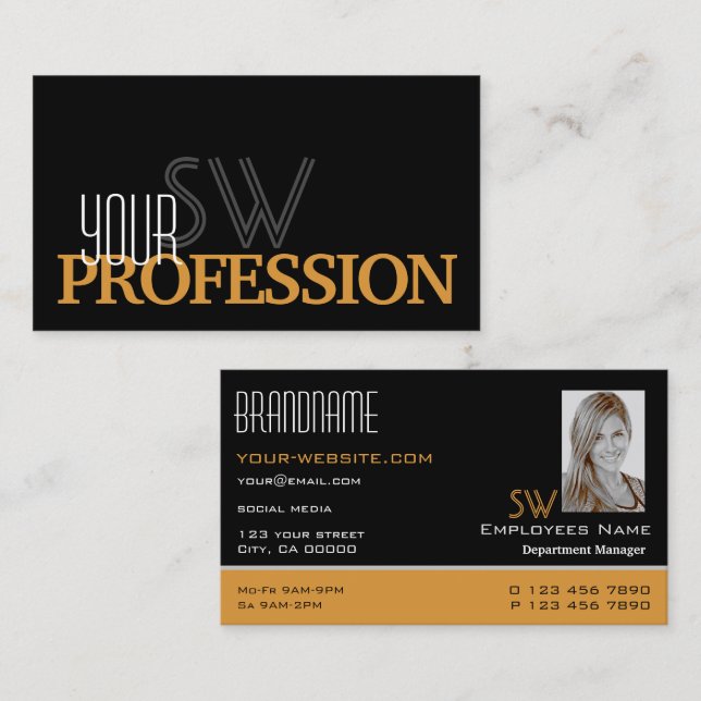 Cartão De Visita Monograma Simples e Foto em Laranja na moda preto (Frente/Verso)