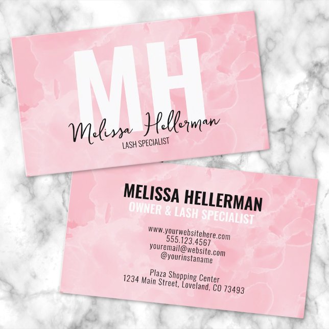 Cartão De Visita Monograma Simples e Moderno de Mármore Lente Rosa (Chic Elegant Pink Marble Watercolor Monogram Business Card)