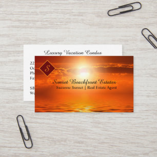 Cartão De Visita Monograma Sunset Orange Sky Sea of Dourado Imóvei