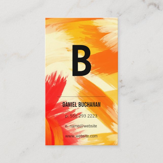 Cartão De Visita Monograma | Traços de Pincel Vermelho Laranja (Frente)