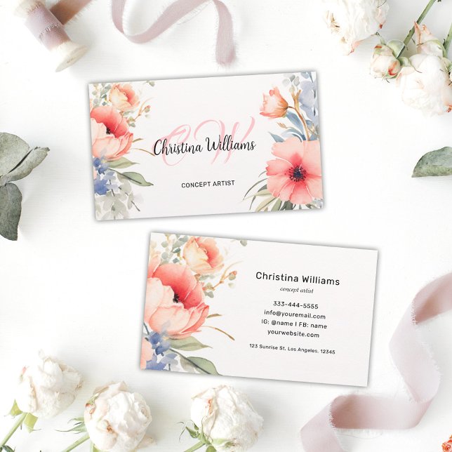 Cartão De Visita Monograma Único Floral de Aquarela (Watercolor Floral Unique Monogram Business Card)