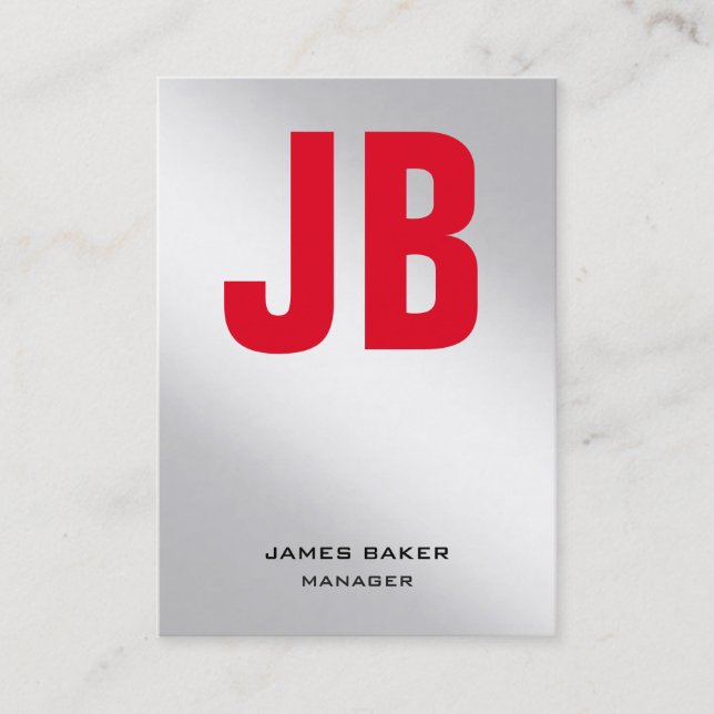 Cartão De Visita Monograma único metálico vermelho comum prateado (Frente)