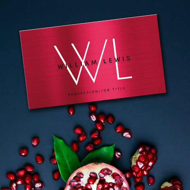 Cartão De Visita Monograma Vermelho Metálico Burgundy Moderno Minim (Criador carregado)