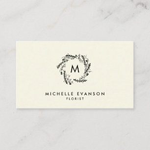 Cartão De Visita Monogramas Cream e Black Floral Wreath