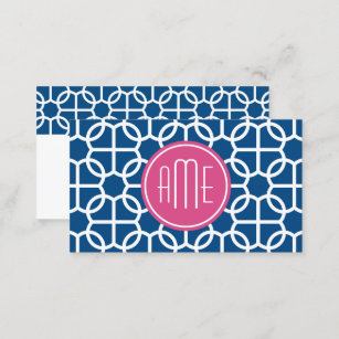 Cartão De Visita Monogramas de padrão geométrico rosa-quente e azul