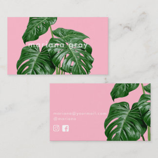 Cartão De Visita Monstera verde moderno minimalista em rosa