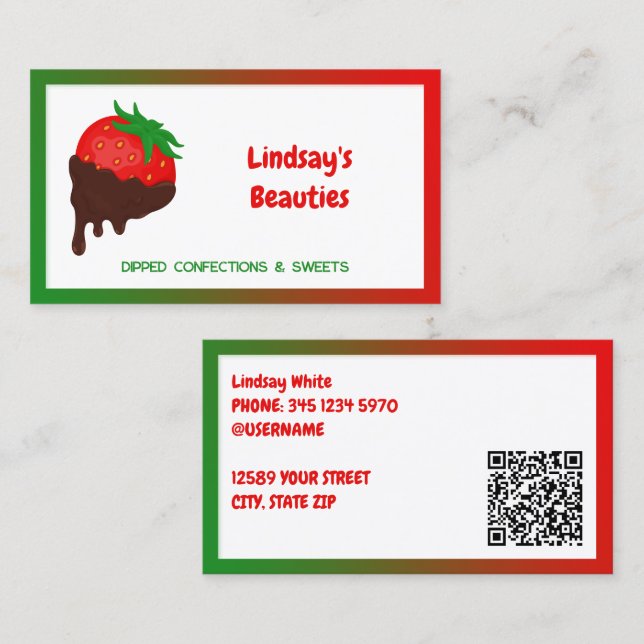 Cartão De Visita 🍓 Morangos de Chocolate Personalizado QR (Frente/Verso)