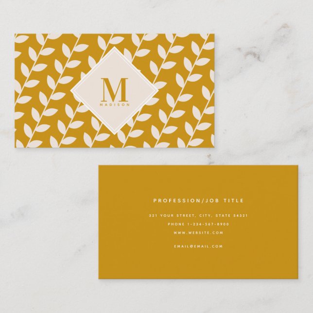 Cartão De Visita Mostarda Amarelo 70s Retro Folha Monograma Inicial (Frente/Verso)