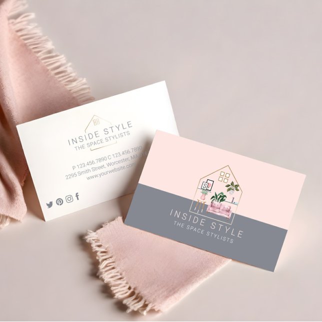 Cartão De Visita Móveis Decoração Estilo de Casa Pink & Cinza (Furniture Decor Stylish Home Staging Pink & Grey Business Card)