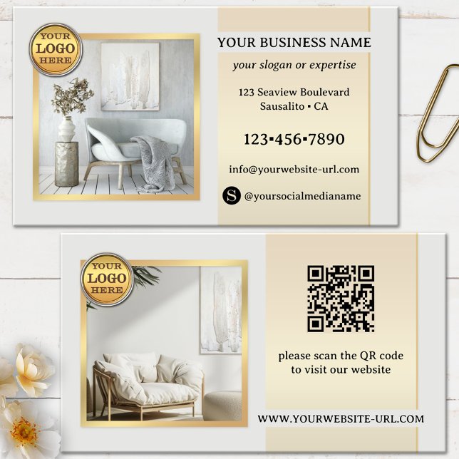 Cartão De Visita Móveis Dourados de Cinzas Elegantes ou Design Inte (Business card featuring your photos on an elegant simple design in light grey and gold - home decor)
