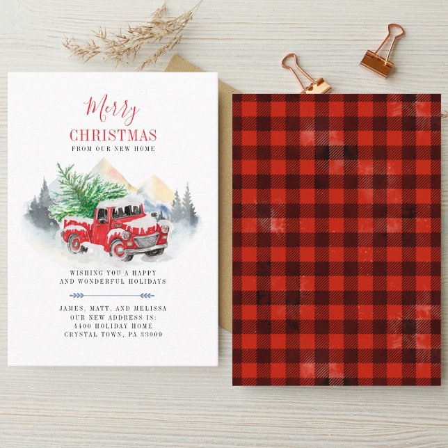Cartão De Visita Mudança de Natal de Endereço Red Truck Moving (Rustic Plaid Christmas Red Truck Holidays Moving Announcement)