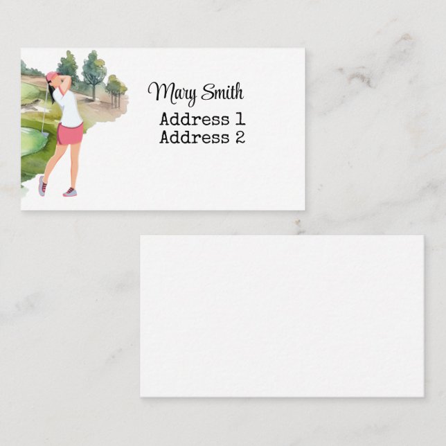 Cartão De Visita Mulher Golfer está jogando golfe na aquarela do ca (Frente/Verso)