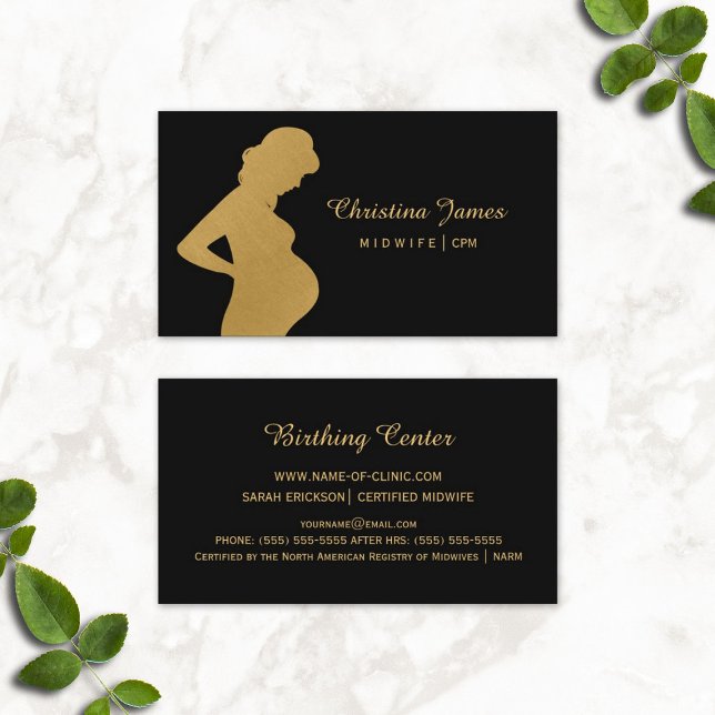 Cartão De Visita Mulher grávida Dourada Elegante de Parteira Negra  (Elegant Midwife Black and Faux Gold Pregnant Woman Business Cards)