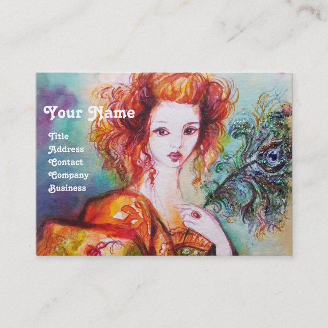 CARTÃO DE VISITA MULHER ROMÂNTICA COM PENA DE PAZ ESPUMANTE (Frente)