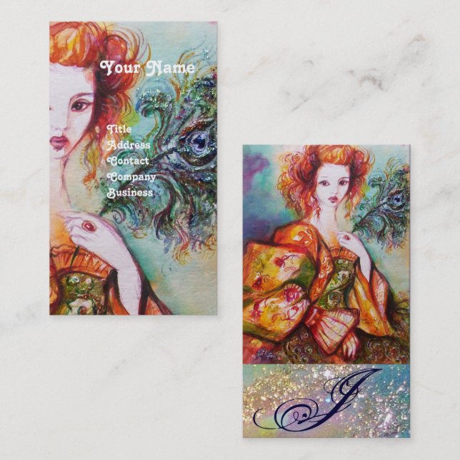 CARTÃO DE VISITA MULHER ROMÂNTICA COM PENA DE PAZ ESPUMANTE (Frente/Verso)