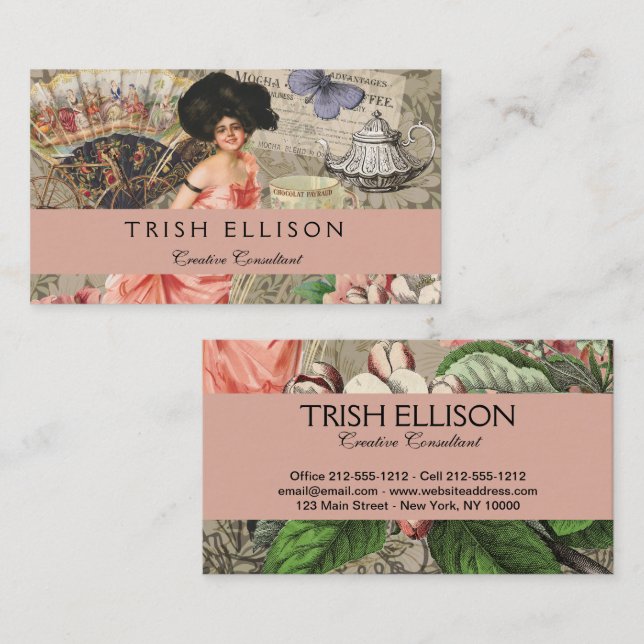 Cartão De Visita Mulher Victoriana Café Clássica Rosa (Frente/Verso)