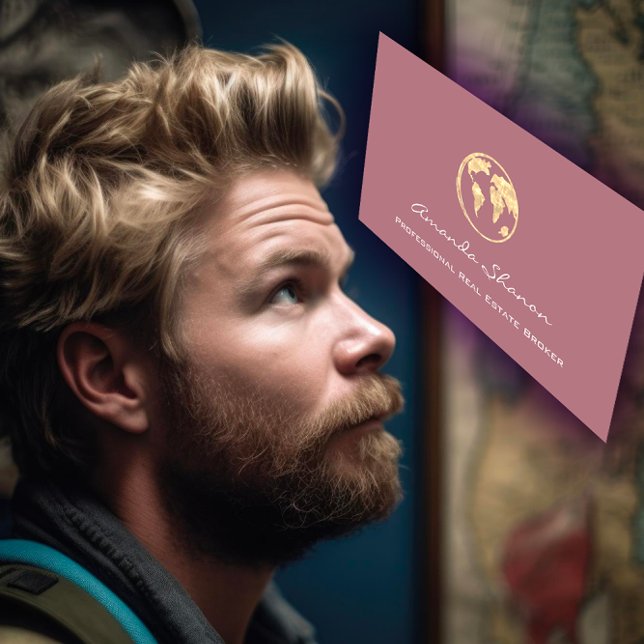 Cartão De Visita Mundo Terra Mapa Viagem Agência QR Rosa de Dourada (Earth Globe Word Map Travel Agency QR Rose Gold Business Card)