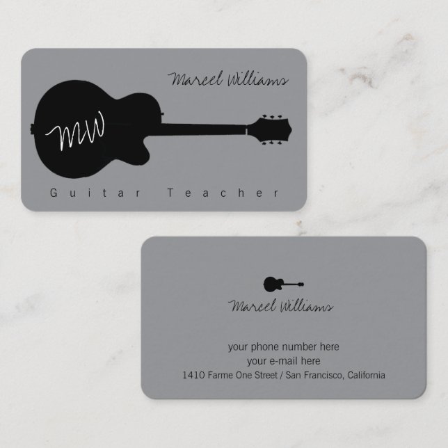 Cartão De Visita Music Gray Business Card with blk. Guitar (Frente/Verso)