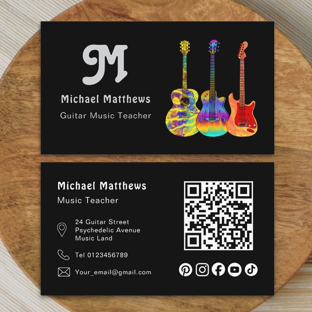 Cartão De Visita Music Guitar Professor QR Code Social Media Person (Modern retro guitar music tutor professional musician social media qr code Business card )