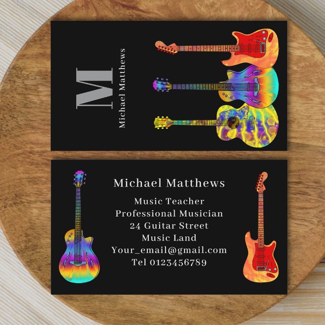 Cartão De Visita Músico de Professores de Violão (Colorful guitar pattern on black music guitar teacher performer musician professional business card )