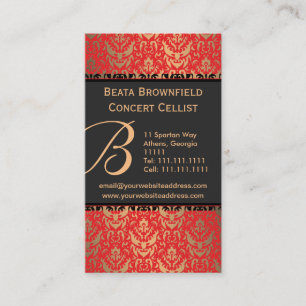 Cartão De Visita Músico Elegante Vermelho e Dourado Shimmer Damask