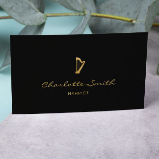 Cartão De Visita Músico profissional Dourado e negro de Harp Elegan